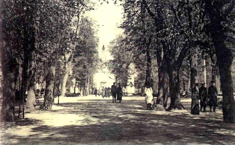 Главная аллея Владимирского городского сада с видом на Свято-Троицкий собор. 1910-е годы